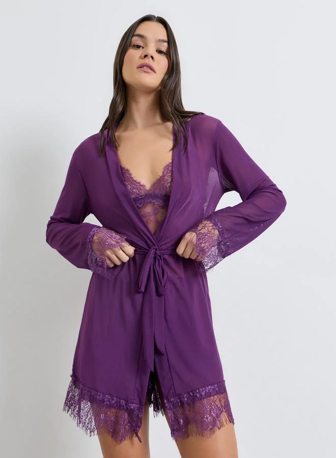 Styli  Pack of 3 - Lace Cami, Shorts and Robe with Tie Belt for Women | Best Price UAE