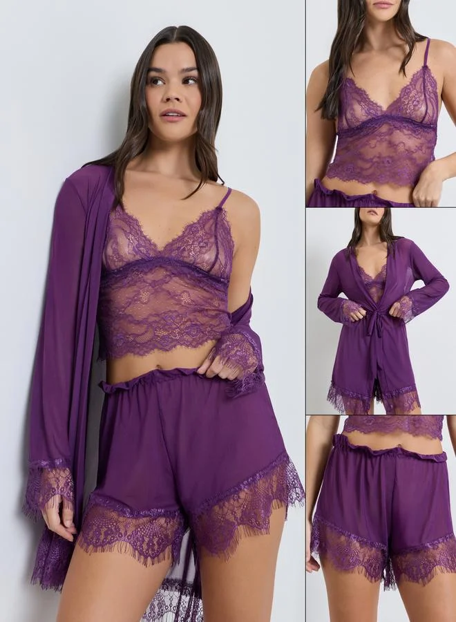 Pack of 3 - Lace Cami, Shorts and Robe with Tie Belt