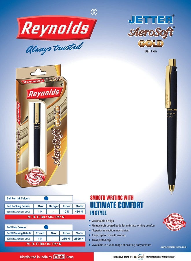 Reynolds Jetter AeroSoft 0.7mm Fine Point Gold Ball Pens - Pack of 5 (Blue) - Image 1