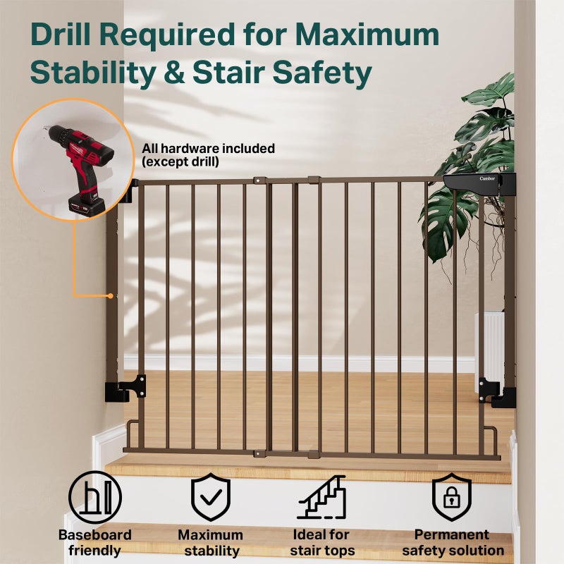 Cumbor 29.2â€“43" Baby Gate for Stairs, Wall-Mounted (Drill Required), Expandable No Bottom Bar Dog Gate, Auto Close Extra Wide Walk Thru, Pet & Toddler Proof Gate, Top & Bottom of Stairways (Brown) - Image 4