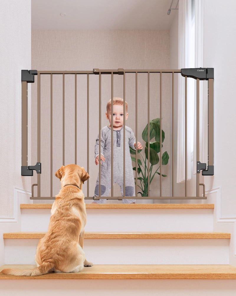 Cumbor 29.2â€“43" Baby Gate for Stairs, Wall-Mounted (Drill Required), Expandable No Bottom Bar Dog Gate, Auto Close Extra Wide Walk Thru, Pet & Toddler Proof Gate, Top & Bottom of Stairways (Brown) - Image 1