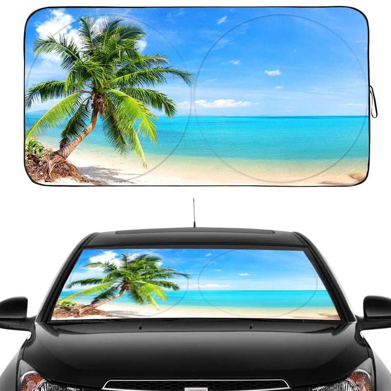 Gven Windshield Sun Shade Car Sun Shade Windshield Palm Tree Windshield Shade UV Protection Heat Reflective Sunshade Fits Small Sedans Mini SUVs Hatchbacks Car Accessories Palm Tree L