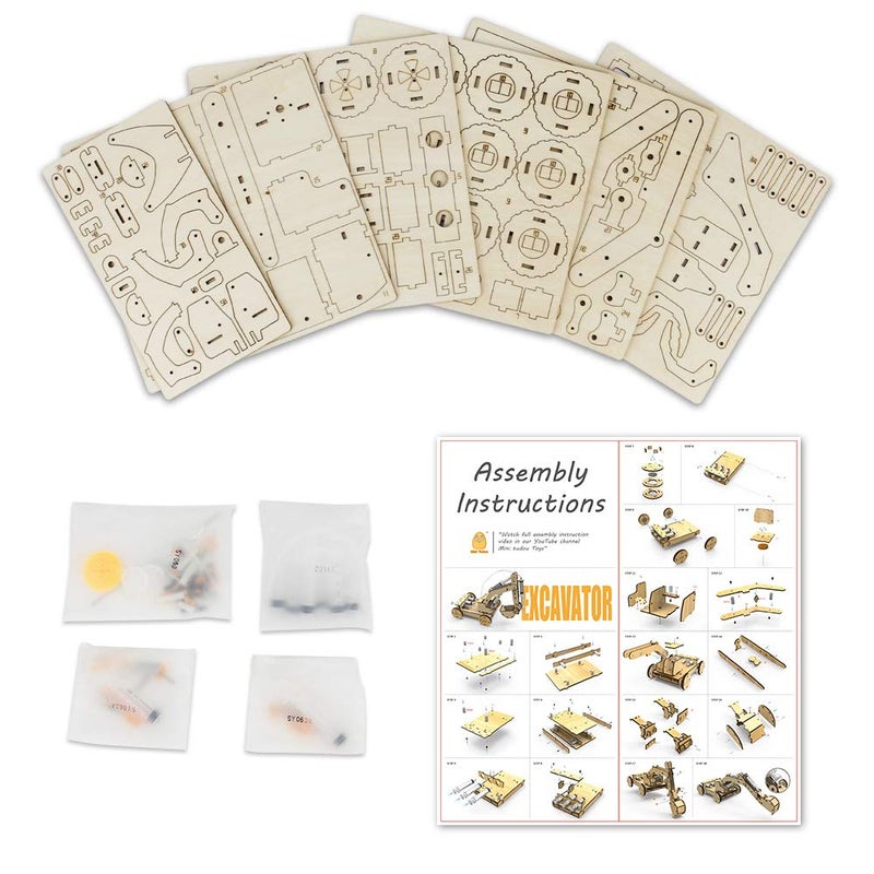 ميني تودو MINI TUDOU 3D WOODEN CONSTRIGY EMERATION TOYS مجموعة مجموعة علوم علوم مع نظام ضغط الهواء لبناء نموذج حفارة من الخشب بما في ذلك 3 قبالة القابض و DIGGER للأطفال بويز بويز - Image 5