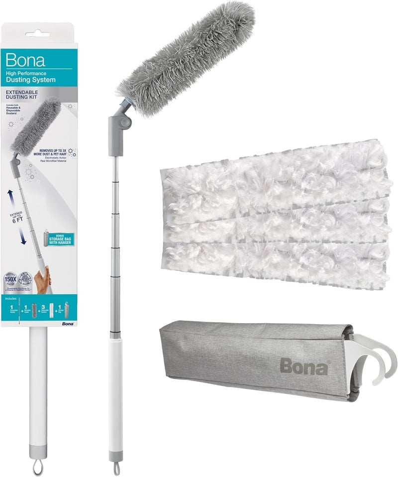 Bona High Performance Dusting System 1 Extendable Handle 3 Disposable Dusters 1 Reusable Duster 1 Storage Bag Extendable Dusting Kit
