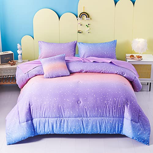 URBONUR URBONUR Girls Comforter Set Queen 6PCS Gradient Purple Orange Glitter Moon Star Printed Bed in a Bag Soft Breathable Bedding Set for All Season Star Queen Size 