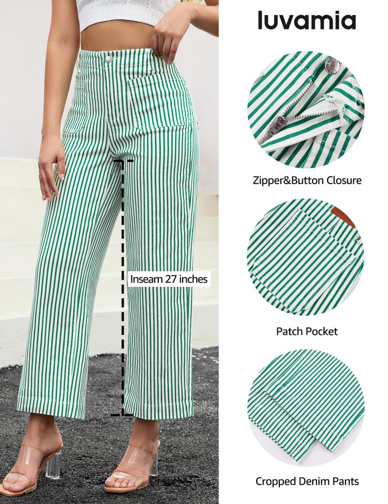 luvamia Trendy Striped Green Jeans for Women Country Concert Outfits for Women High Waisted Cropped Wide Leg Pants Stretchy Denim Patch Pocket Pinstripe Pants Green Medium US Size 8-10 - Image 5