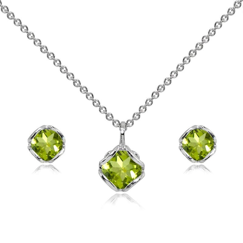 GemStar USA Sterling Silver Peridot 6mm Round Solitaire Stud Earrings Pendant Necklace Set