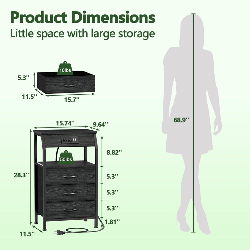 Furnulem Night Stand with Charging Station, 28.3 Inch Tall Side Table with Fabric Drawers and Storage Shelf, Bedside Table with USB Ports & Outlets, Nightstand for Bedroom, 3 Ways to Use, Black Oak - Image 3