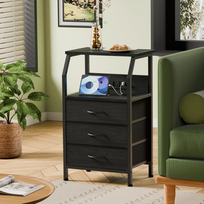 Furnulem Night Stand with Charging Station, 28.3 Inch Tall Side Table with Fabric Drawers and Storage Shelf, Bedside Table with USB Ports & Outlets, Nightstand for Bedroom, 3 Ways to Use, Black Oak - Image 4