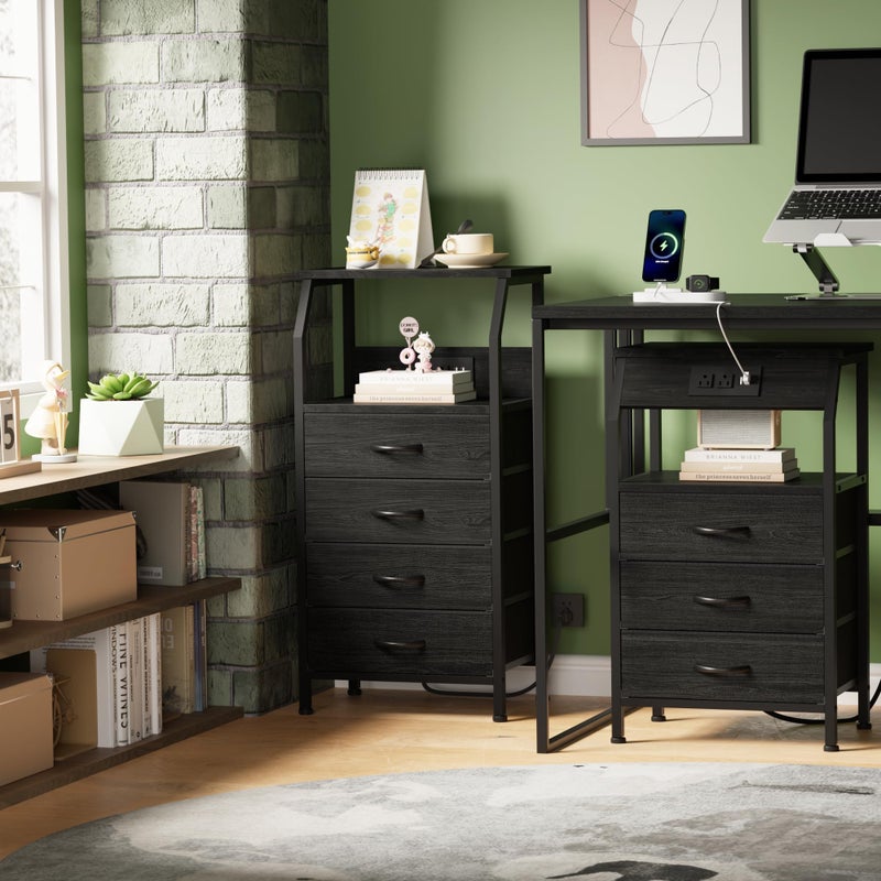Furnulem Night Stand with Charging Station, 28.3 Inch Tall Side Table with Fabric Drawers and Storage Shelf, Bedside Table with USB Ports & Outlets, Nightstand for Bedroom, 3 Ways to Use, Black Oak - Image 5