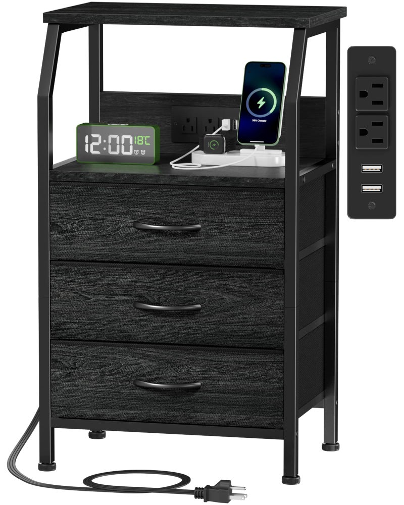 Furnulem Night Stand with Charging Station, 28.3 Inch Tall Side Table with Fabric Drawers and Storage Shelf, Bedside Table with USB Ports & Outlets, Nightstand for Bedroom, 3 Ways to Use, Black Oak - Image 1