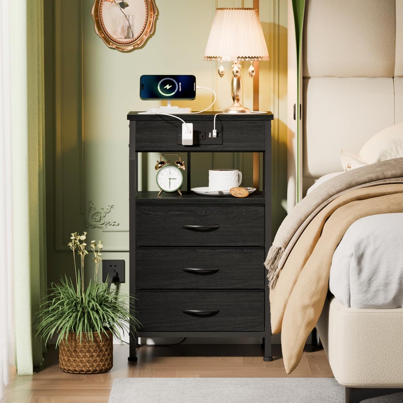 Furnulem Night Stand with Charging Station, 28.3 Inch Tall Side Table with Fabric Drawers and Storage Shelf, Bedside Table with USB Ports & Outlets, Nightstand for Bedroom, 3 Ways to Use, Black Oak - Image 2