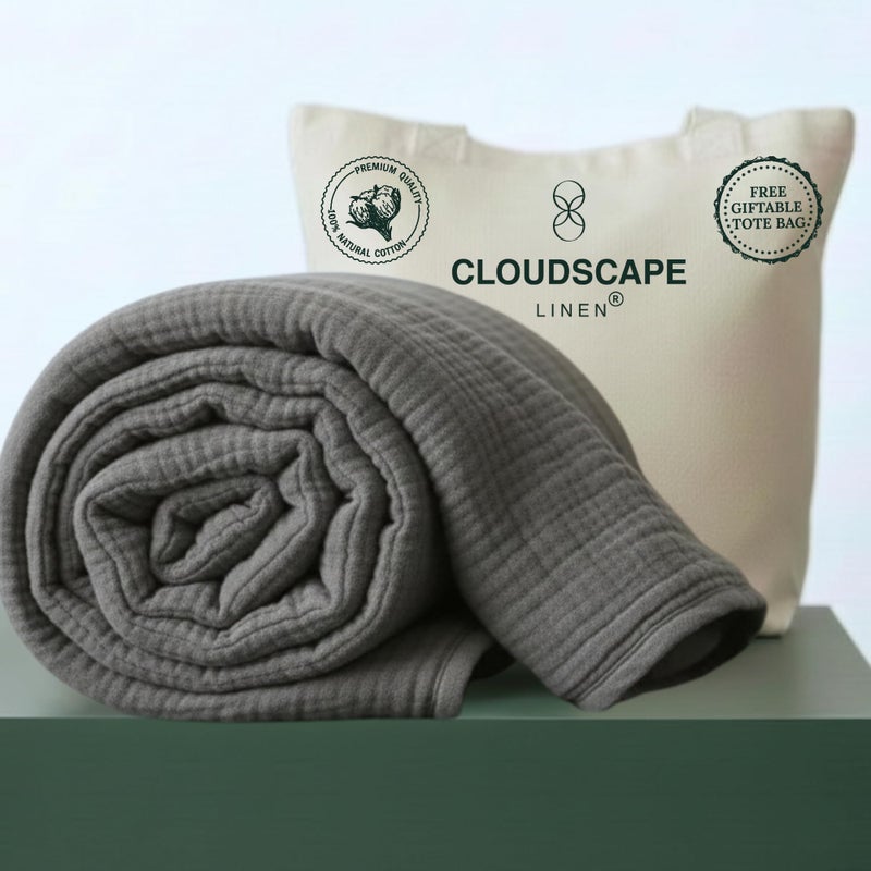 CLOUDSCAPE LINEN Luxury 100 Cotton Muslin Blanket King Size 4 Layer Oversized 92x108 Fit Upto Calking Bed Layering Winter Blankets for Bed Soft Cotton Gauze Quilt All Season Sharkskin Bedding