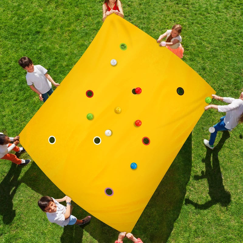 Kathfly Yellow Hole Tarp Team Building Game 98 x 70 Inch Learning Fun Team Building Games for Work with 8 Pcs Team Building Ball for Teamwork Group - Image 2