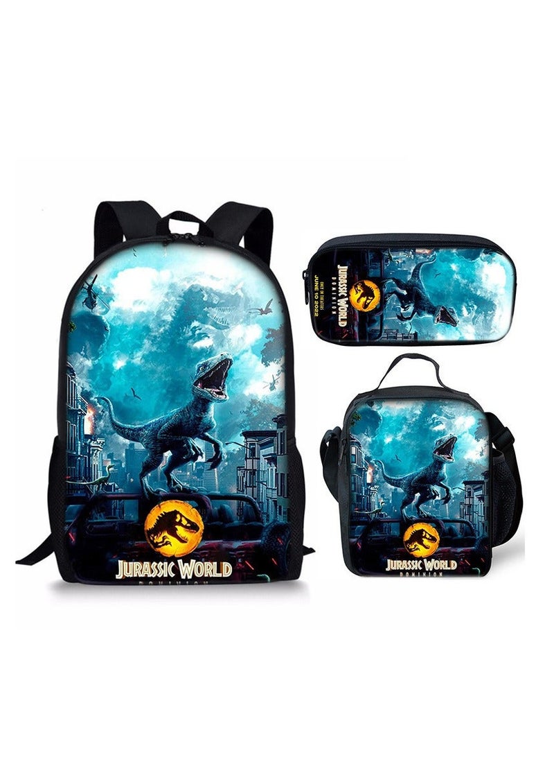 JURASSIC WORLD New Jurassic Park Dinosaur Three piece Set with Large Capacity Backpack, Student School Bag, Lunch Bag, Pen Bag - Image 1