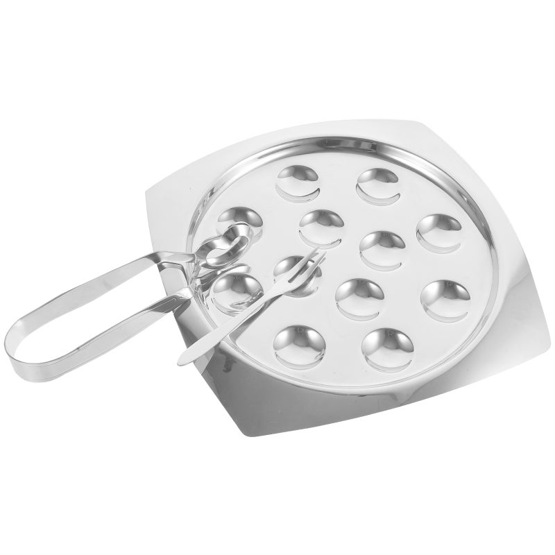 1 Set of Stainless Steel Escargot Plate with Holes Restaurant Plate Seafood Snail Dish with Tong - Image 5