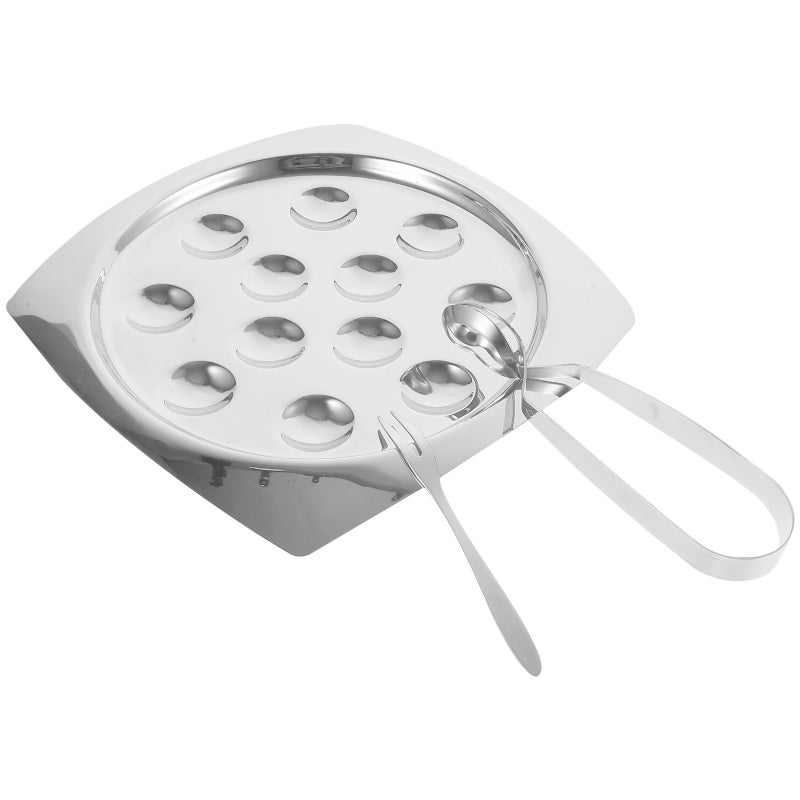 1 Set of Stainless Steel Escargot Plate with Holes Restaurant Plate Seafood Snail Dish with Tong - Image 1