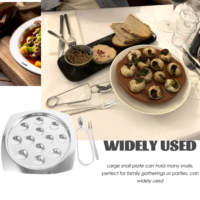 1 Set of Stainless Steel Escargot Plate with Holes Restaurant Plate Seafood Snail Dish with Tong - Image 2