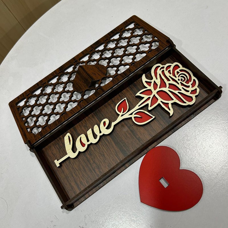 APS ART PLUS STORE Wooden Love Rose Gift Box Decorative Jewelry Storage Case with Heart Design Valentine day Rose Gift For Couple Dark Brown - Image 1