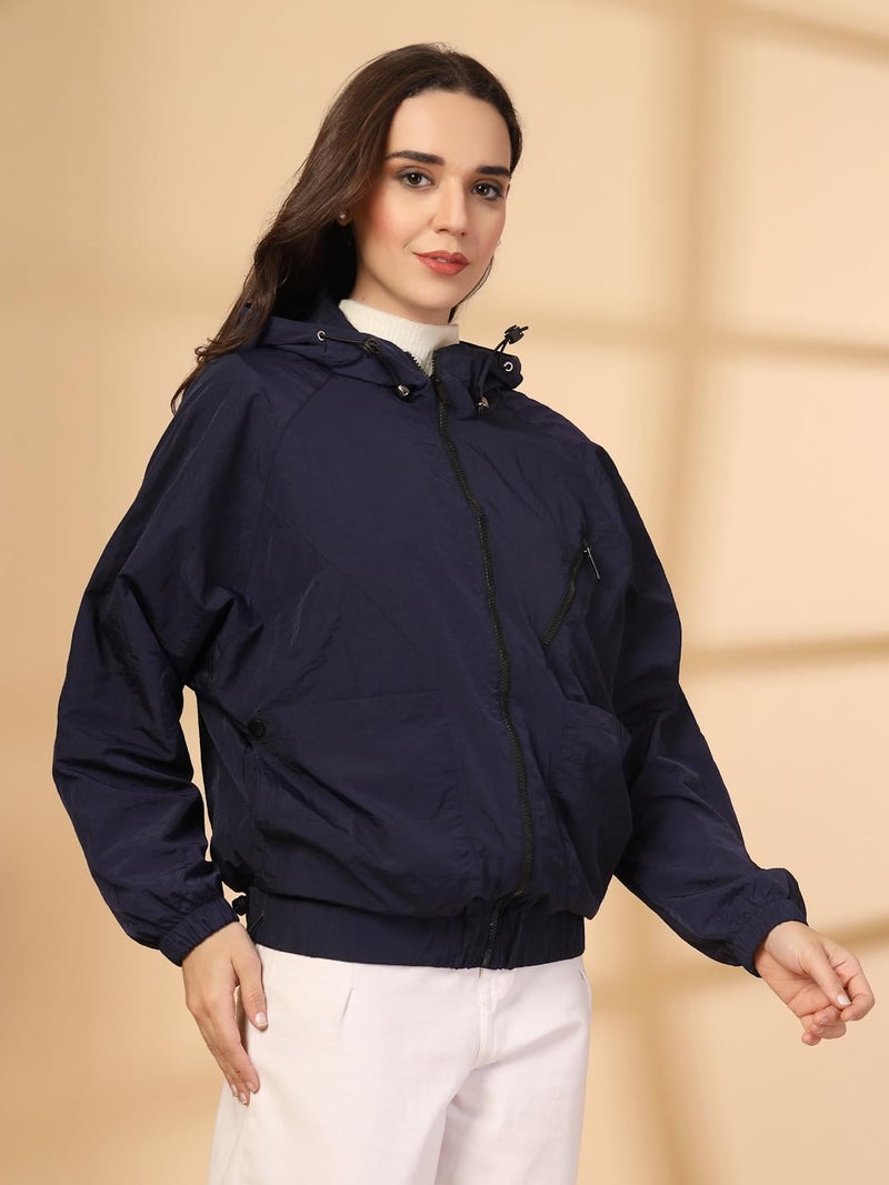 CHKOKKO Womens Stylish Oversized Windcheater Jacket with Zip Closure Lightweight Sportswear for Running Travel Hiking Outdoor and Rainy Season Wear Navy L - Image 4