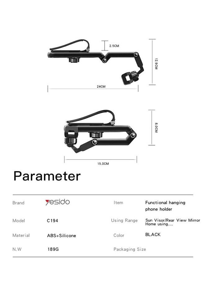 YESIDO C194 Car Phone Mount Sun Visor Phone Holder for Car Universal Clip 360 Degree Adjustable Cell phone Stand Rearview Mirror Cradle. - Image 2