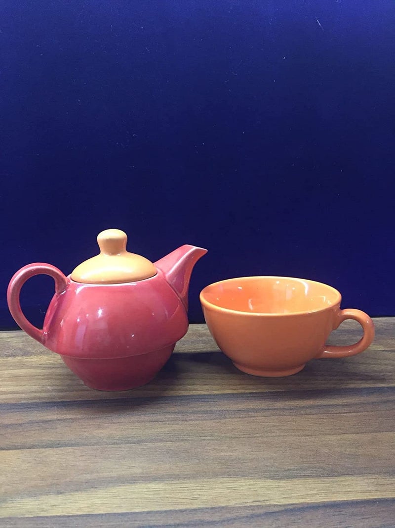 Caffeine Ceramic Stoneware Red & Orange 2 in 1 Tea Pot Set of 1(Dishwasher & Microwave Safe) - Image 2