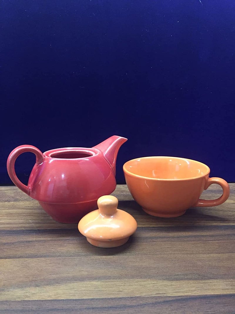 Caffeine Ceramic Stoneware Red & Orange 2 in 1 Tea Pot Set of 1(Dishwasher & Microwave Safe) - Image 1