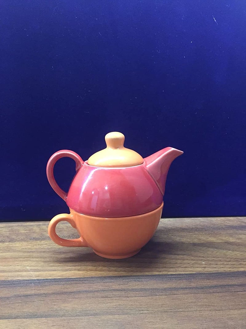 Caffeine Ceramic Stoneware Red & Orange 2 in 1 Tea Pot Set of 1(Dishwasher & Microwave Safe) - Image 3