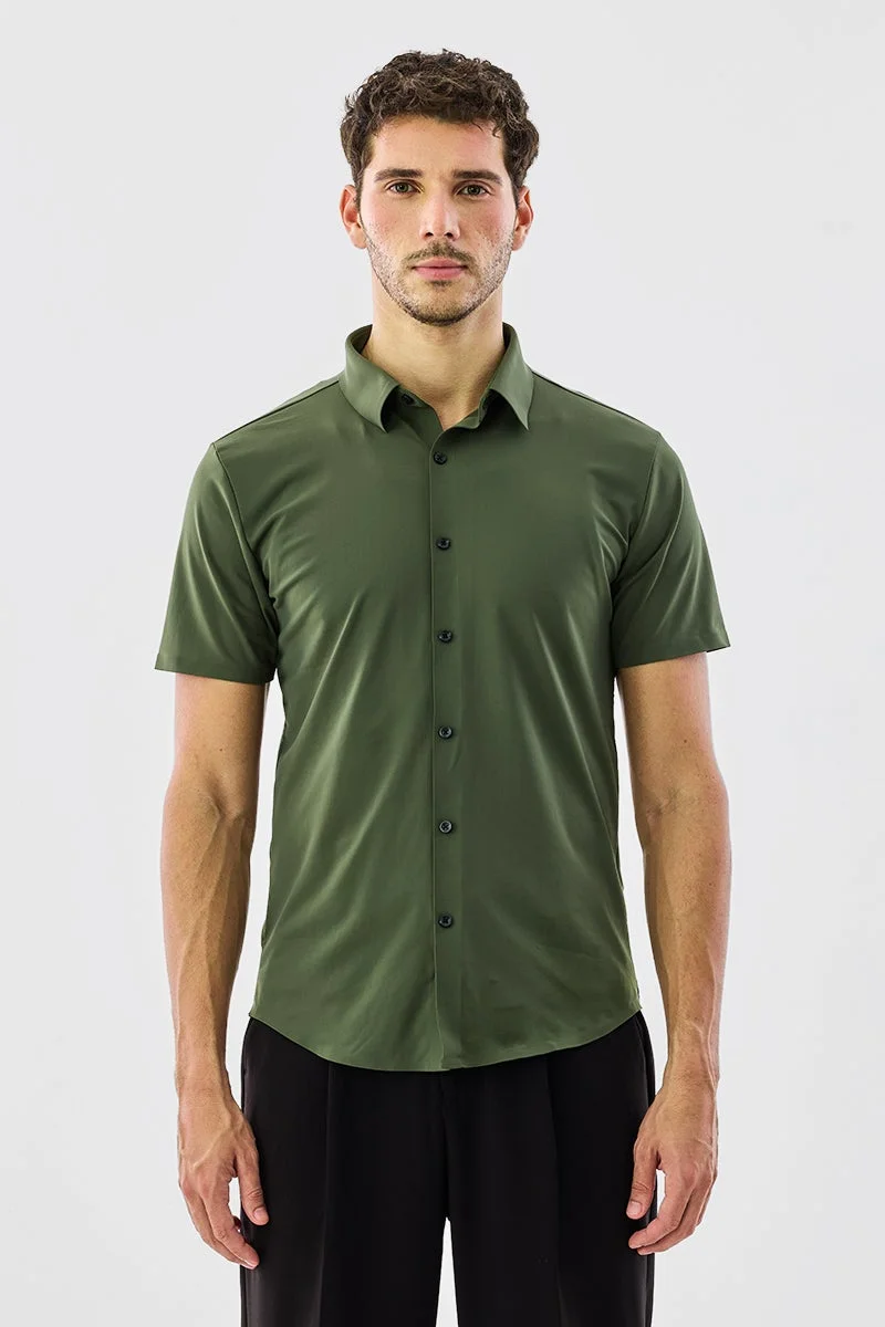 SNITCH Dark Green Solid Half Sleeve Slim Fit Shirt