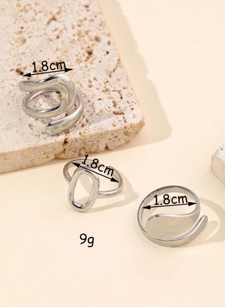 إيكوال طقم خواتم نسائي من 3 قطع من الاستانلس ستيل باللون الفضي انيق وعصري بمقاس موحد - Image 3