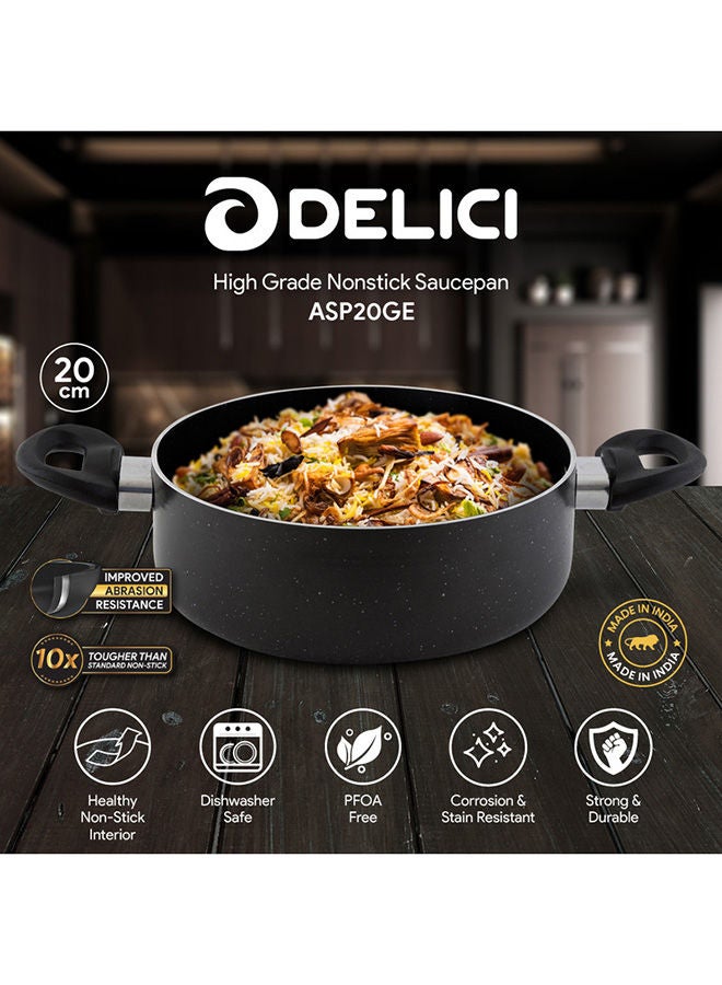 DELICI Aluminium Sauce Pan 20 CM - High-Grade Granite Gray with White Spatter Coating, Healthy Non-Stick Interior, Eco-Friendly PFOA Free, Tempered Stylish Glass Lid, Heat Proof Bakelite Handle & Knob  - Image 2