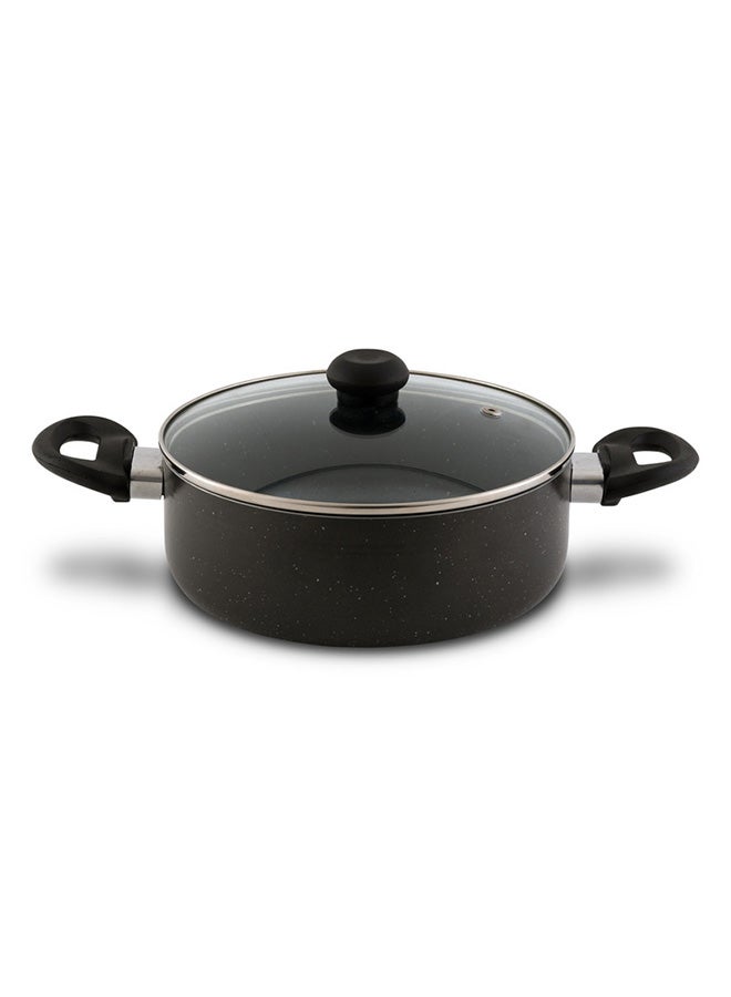 DELICI Aluminium Sauce Pan 20 CM - High-Grade Granite Gray with White Spatter Coating, Healthy Non-Stick Interior, Eco-Friendly PFOA Free, Tempered Stylish Glass Lid, Heat Proof Bakelite Handle & Knob  - Image 1