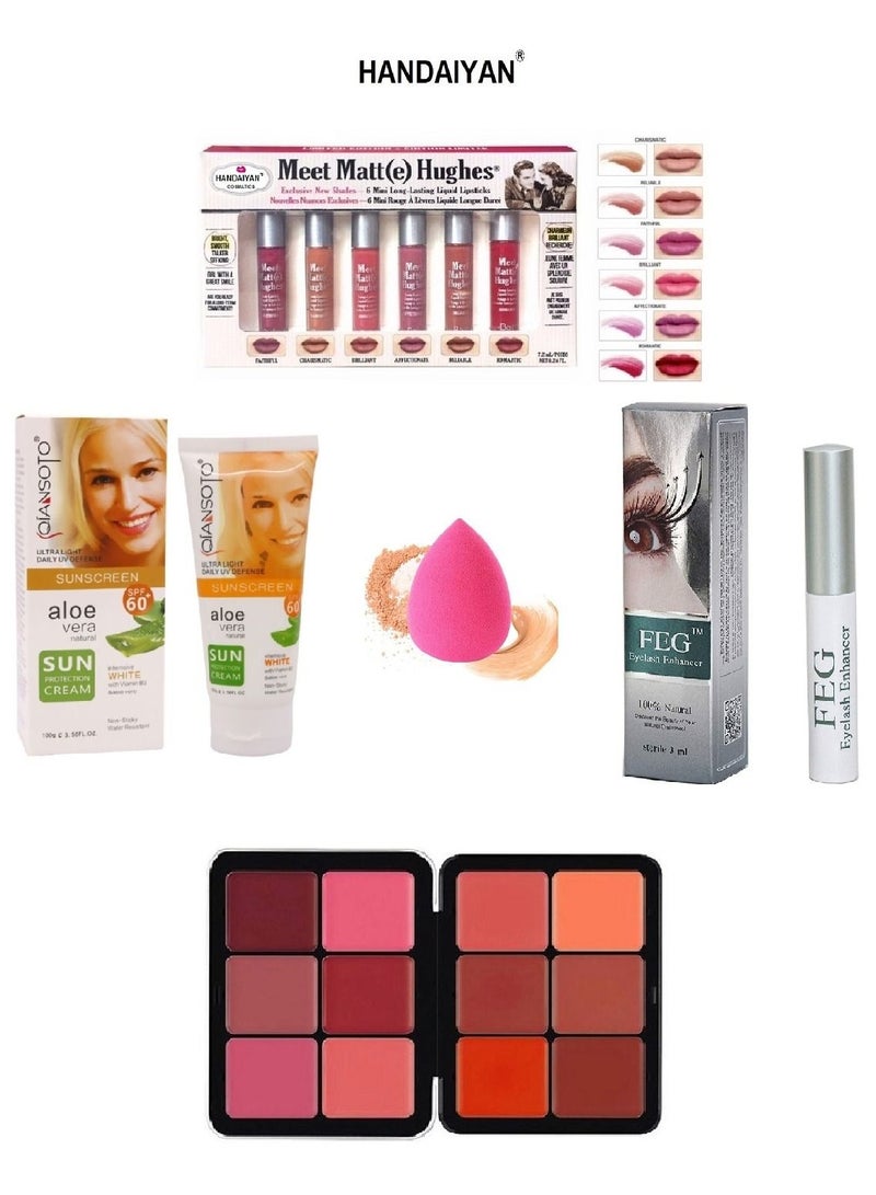 Handaiyan Face Makeup Essentials Set: Sponge + Eyelash Serum + Sunscreen + Blush Palette + Lipstick Set - Image 1