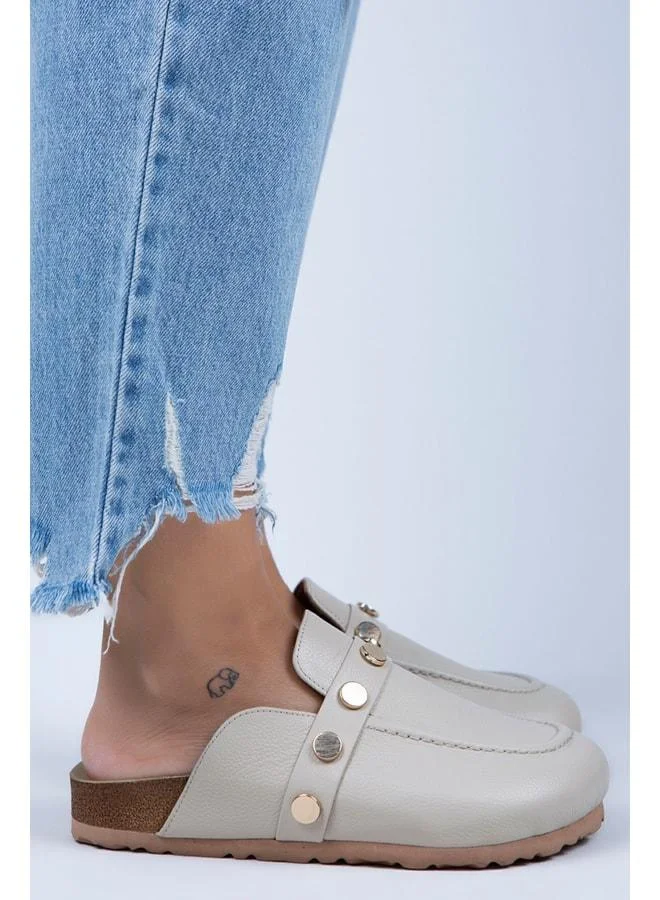 Manijero  Bonita Women's Genuine Leather Buckled Beige - Gold Slipper. for Women | Best Price UAE