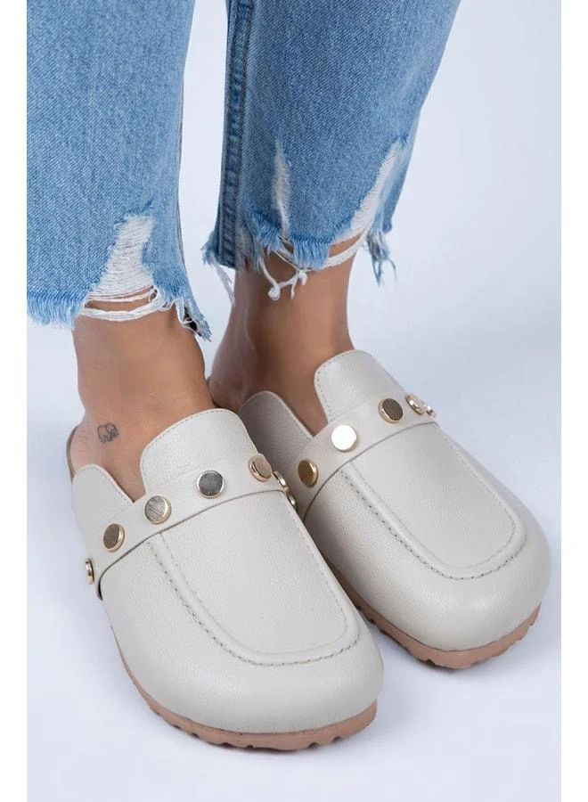 Bonita Women's Genuine Leather Buckled Beige - Gold Slipper.