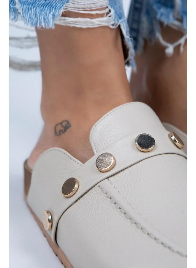 Manijero  Bonita Women's Genuine Leather Buckled Beige - Gold Slipper. for Women | Best Price UAE