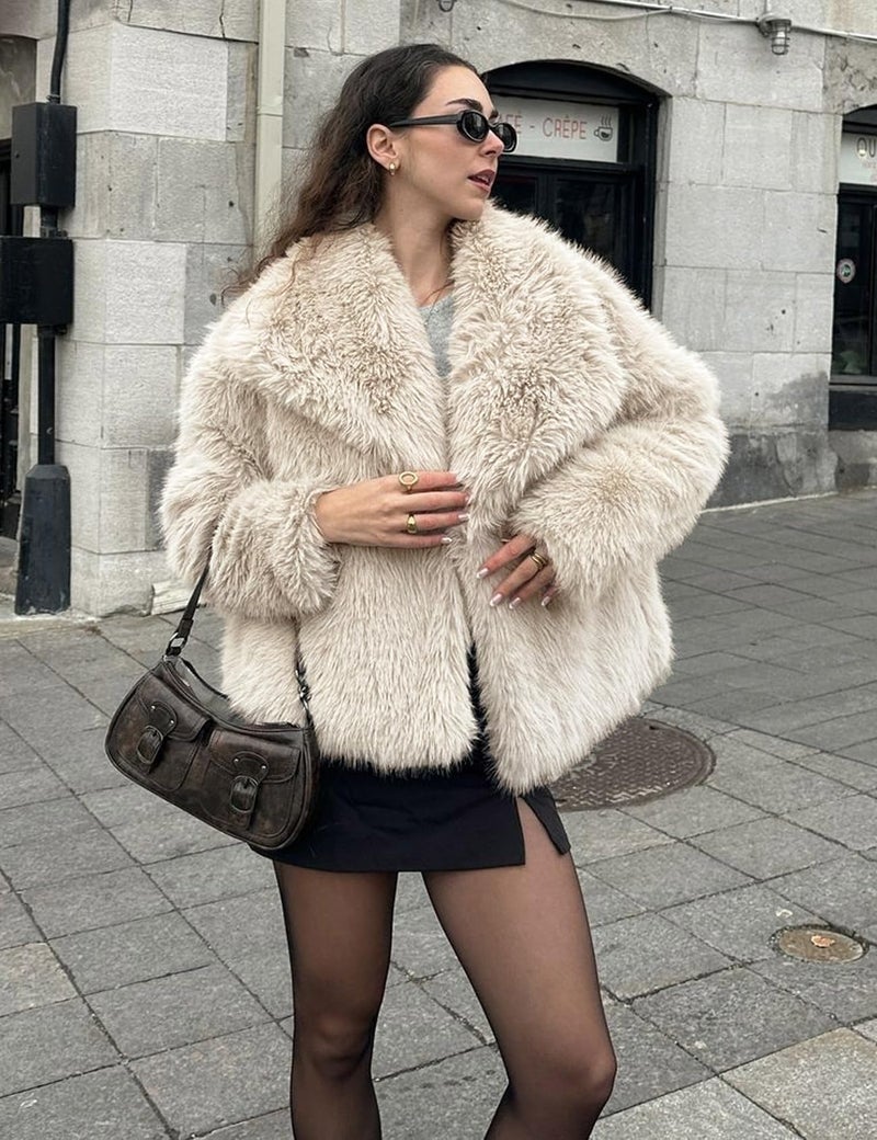 Flygo Women's Faux Fur Coat Fluffy Faux Fur Jacket Long Sleeve Lapel Furry Winter Jackets Shaggy Parka Short Coat(Beige-M) - Image 4