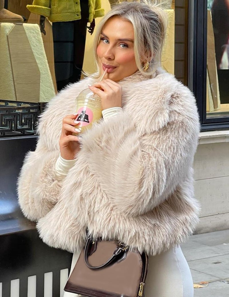 Flygo Women's Faux Fur Coat Fluffy Faux Fur Jacket Long Sleeve Lapel Furry Winter Jackets Shaggy Parka Short Coat(Beige-M) - Image 3