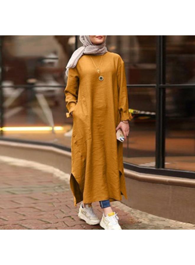 Women's New Muslim Solid Color Long Sleeve Shirt Pocket A- Line Dress Casual Robe Generation Hair
