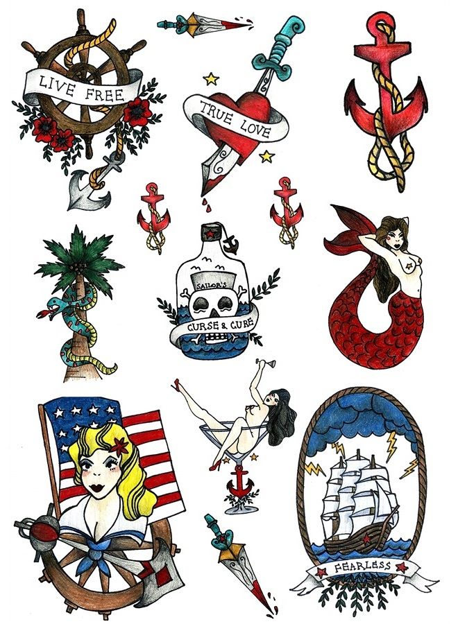 Tatsy Sailor Seaman Marine Temporary Tattoo Set by Tatsy, Original Cool Unique Oldschool Design, Party Fun Tattoos, Fake Tattoo Body Art Cover Up for Men - Image 1