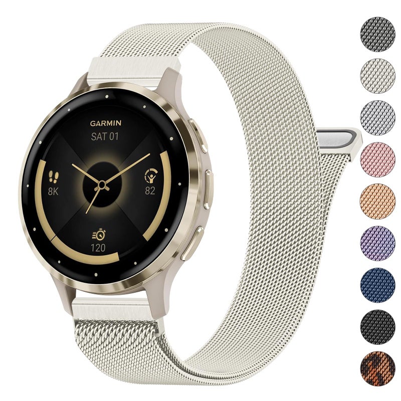 Meliya أشرطة معدنية 18 مم لجهاز Garmin Venu 3S / Venu 4 41 مم / Venu 2S / Vivoactive 4S / Vivomove 3S / Forerunner 265s، حزام معصم معدني بديل من الفولاذ المقاوم للصدأ مع إطلاق سريع لأشرطة Garmin Forerunner 255s/265s للنساء والرجال (ضوء النجوم) - Image 1
