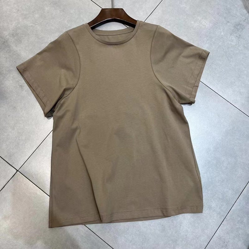 2024 spring and summer cotton European and American niche design style street cotton short sleeve T-shirt curved sleeve shoulder sleeve top for women Dark gray brown