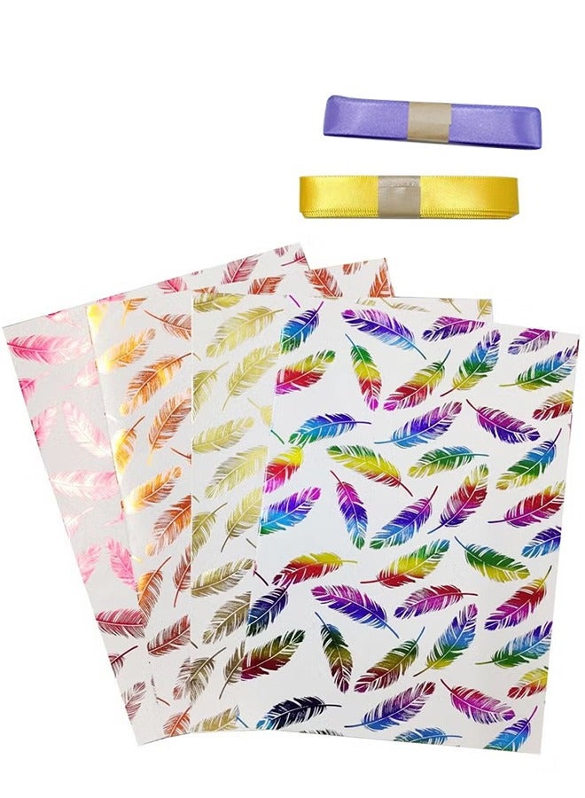 4 Sheets Gift Wrapping Paper with Feather Patterns for Brithday Baby Shower Wedding Graduation and More Gift Bag Box Wrap Accessories with 2 Wrapping straps - Image 1