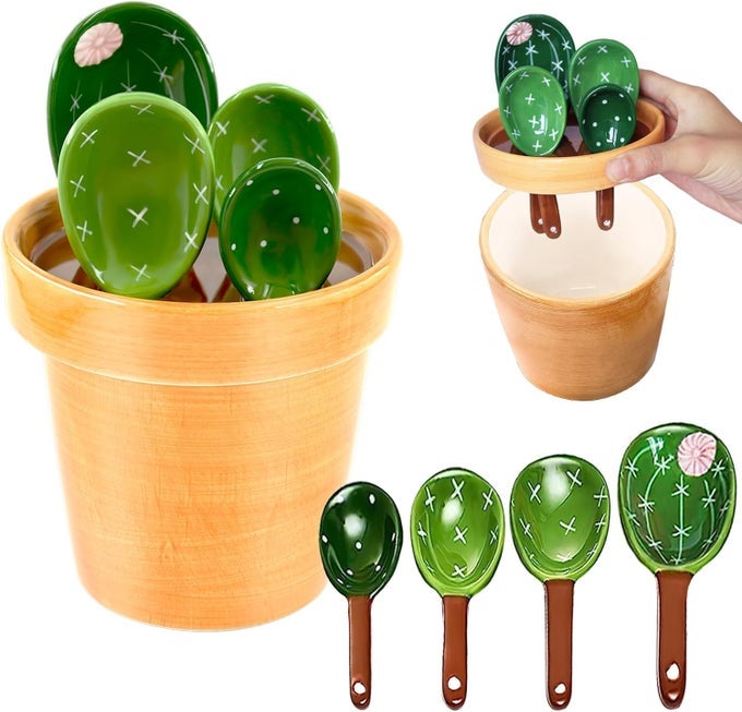 CERAMIC CACTUS MEASURING SPOONS SET IN POT ORGANIZER 5 PIECES CUTE MEASURING CUPS AND SPOONS SET FOR KITCHEN DRY WET MEASURING LIQUID FOOD SALT AND SUGAR KAWAII SPOON WITH BASE CUP GREEN