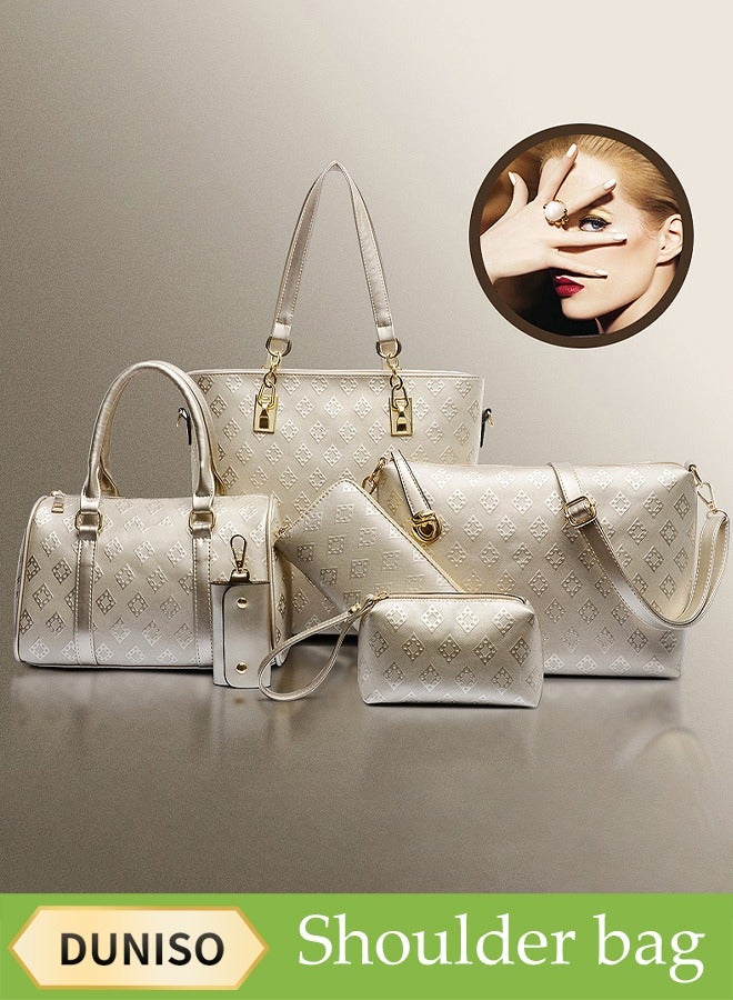 DUNISO 6-Piece Embossed Diamond Pattern Women's Handbag Set, Including Handbag, Shoulder Bag, Wallet, Mother And Child Bag, Women's Mini Wallet, Gold  - Image 1