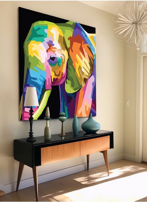 Square Canvas Wall Art Stretched Over Wooden Frame with Colourful Elephant Conceptual Art Painting