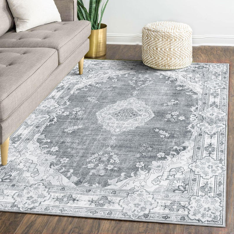 MUJOO Area Rugs 5x7GreyBoho Rug for Bedroom Living Room Dining Room Large Machine Washable Non Slip Carpet Vintage Bohemian Distressed FarmhouseFloral