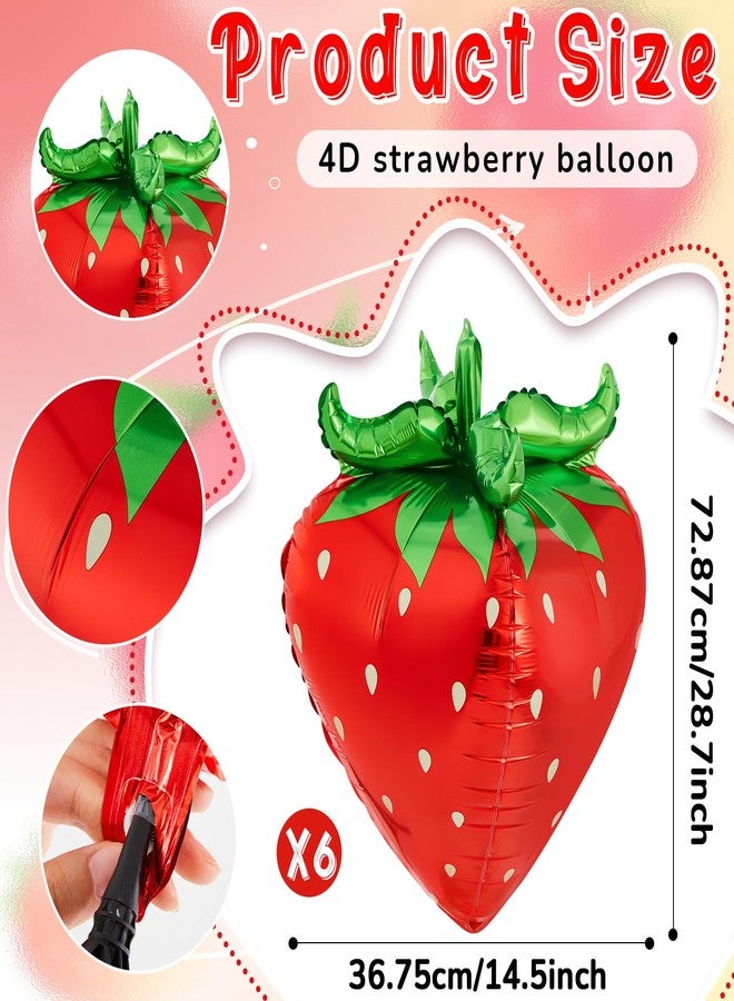 PullCrease 6 Pack 4d Strawberry Balloons 29 Inch Giant Cute Strawberry Foil Balloons for Summer Sweet Berry Themed Birthday Party Decorations Supplies Favors - Image 2
