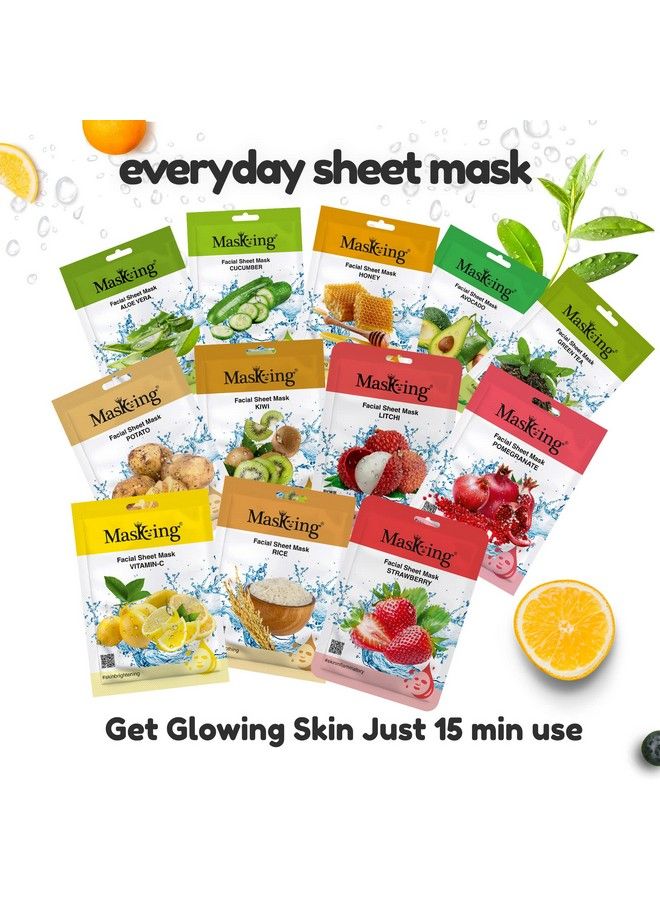 MASKING Beauty Facial Sheet Mask; Natural Sheet Mask Ingredients ; Ideal For Women & Men; Combo Pack Of 12 (240Ml)  - Image 3