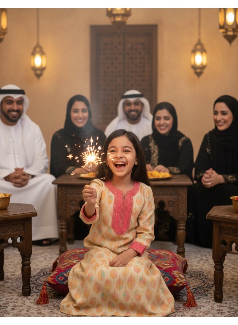 فستان جلابية مخور قفطان بناتي إماراتي مزين بالزهور، 100% كتان قطن، لعمر 8-11 سنة، طول 100 سم - Image 3